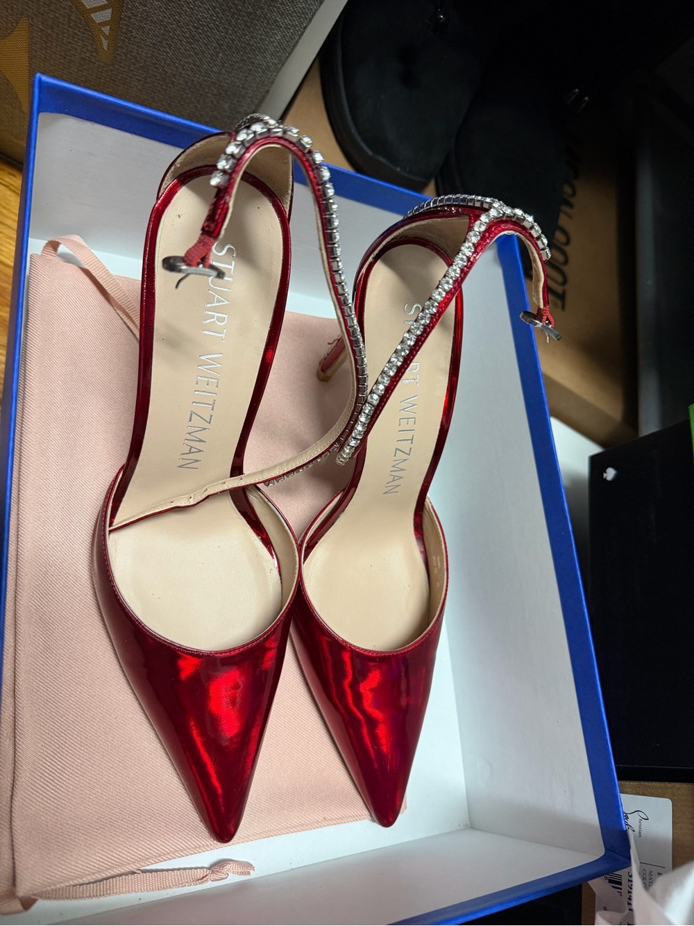 Stuart Weitzman Red Patent Pointed Slingback Pumps with Crystal Strap
